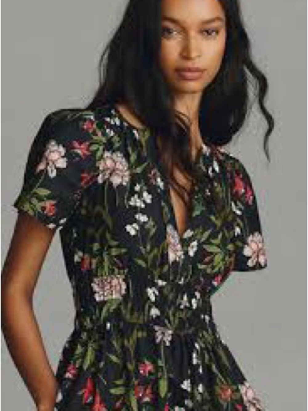 Anthropologie Black Floral Tiered Maxi Dress with Green & Pink Print - Picture 2 of 5
